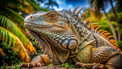 Obraz premium Giant iguana encounter in the lush forest a nature photography adventure captured from a close-up perspective