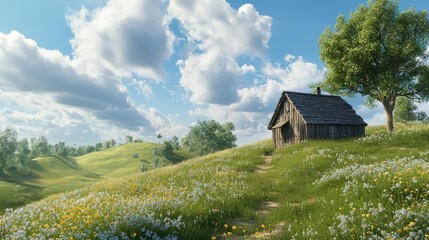 Obraz premium rustic countryside scene with a small wooden cottage and rolling hills, evoking simplicity and harmony