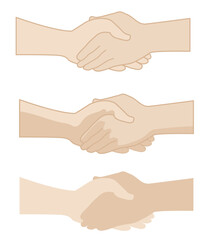 different types of handshake illustration vector flat icons on white background Business partners handshake. Partnership, deal, agreement, respect and cooperation, professional communication concept.