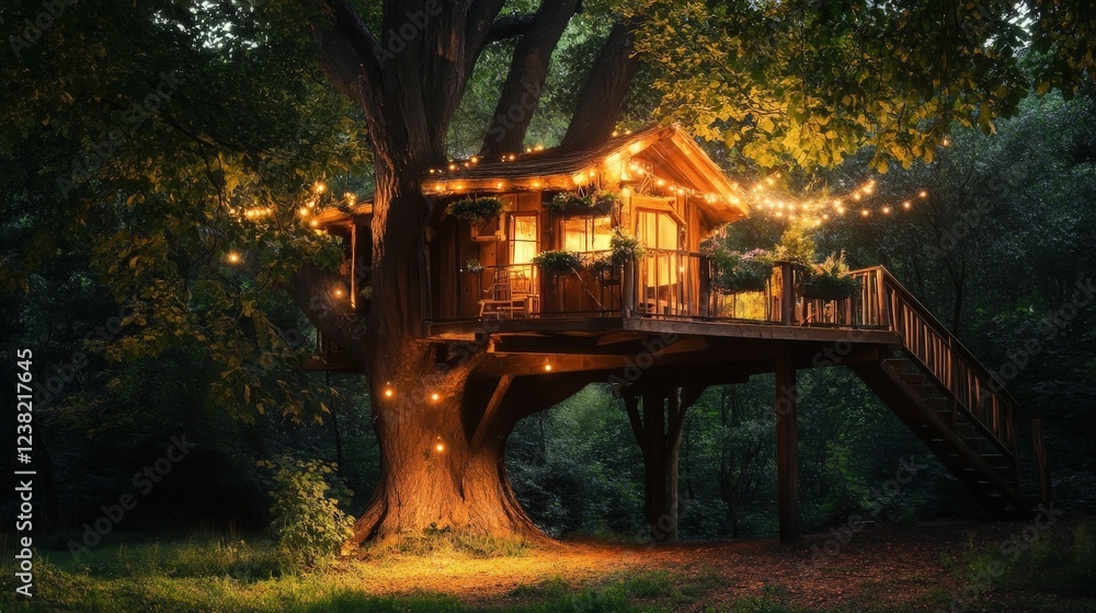 Poster rustic treehouse built around a massive ancient tree.