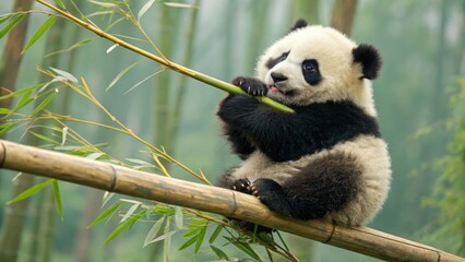 Obraz premium Panda eating bamboo in a vibrant bamboo forest wildlife photography serene environment close-up shot for nature lovers