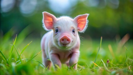 Mini piglet running in green field animal photography outdoor setting close-up view cute concept