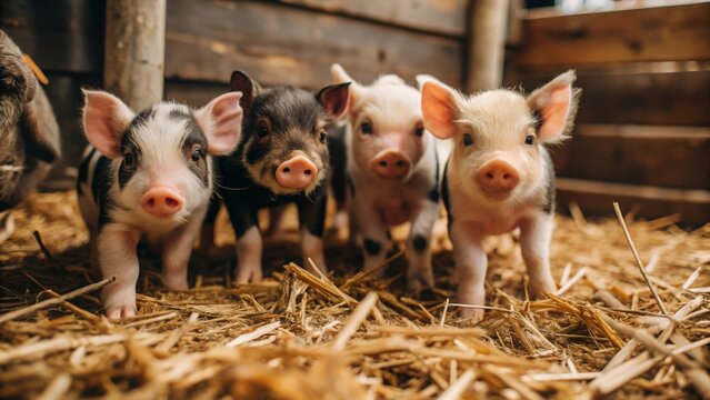 Mini farm adventure exploring playful piglets in a cozy barn captivating animal photography with a rural charm