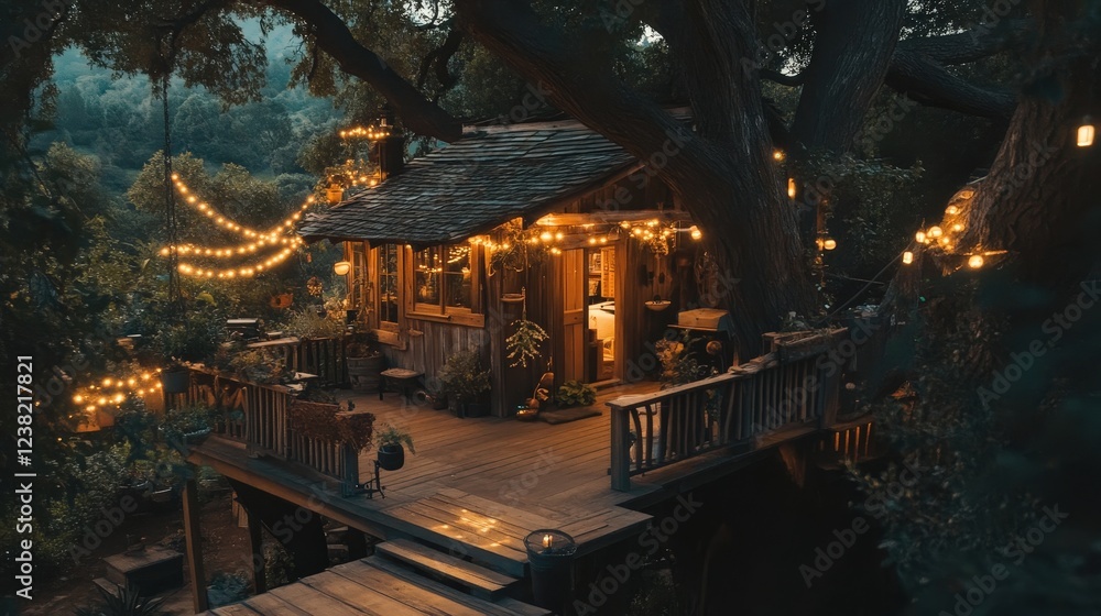 Poster rustic treehouse built around a massive ancient tree.