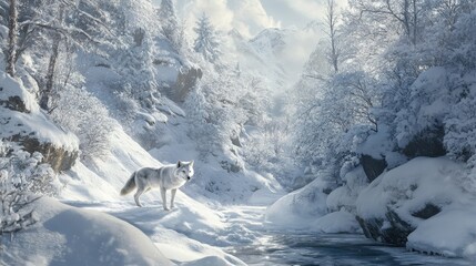 White wolf stands near a crystal-clear stream in a tranquil snow-covered forest during winter