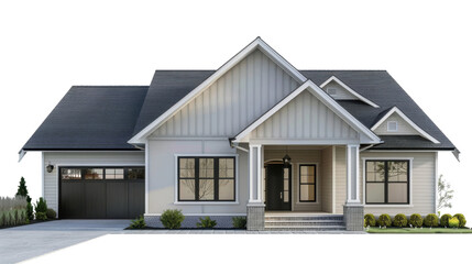 Classic suburban house with garage and transparent background