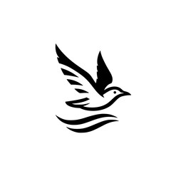 Seagull in Flight: Minimalist Bird Logo Design.  A black and white vector illustration of a bird soaring over waves, perfect for nature, wildlife, or travel brands.