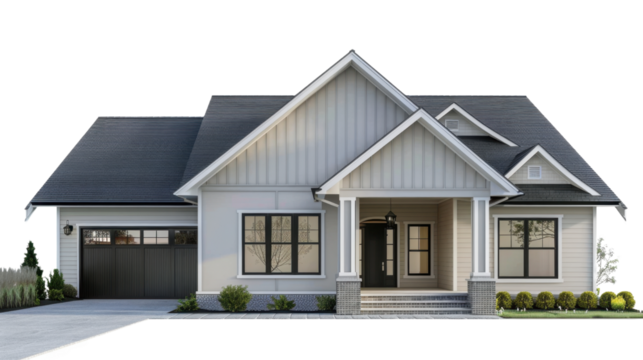 Classic suburban house with garage and transparent background