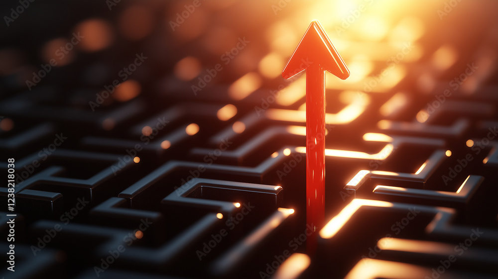 Poster red arrow pointing upward stands out in dark maze, symbolizing direction and progress. warm light en