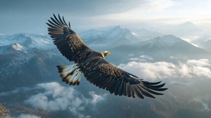 Naklejka premium A majestic eagle soaring high above a mountainous landscape, symbolizing freedom and courage.