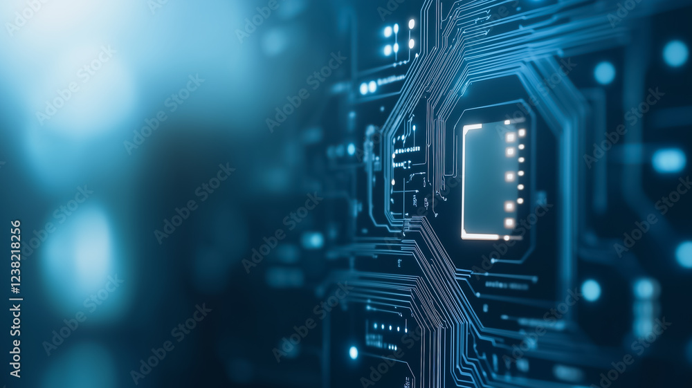Poster abstract circuitry: a mesmerizing close-up of a futuristic, glowing circuit board with abstract shap