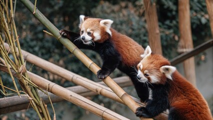 Red pandas climbing bamboo in a lush environment stunning wildlife photography from asia