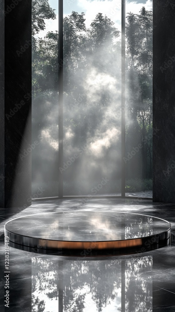 Poster a captivating silver mirror podium stands before large windows, bathed in soft, dramatic light that 