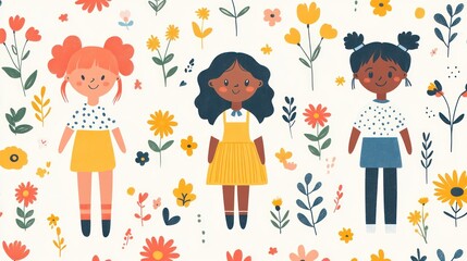 Diverse girls floral background, happy, illustration, spring, children's book