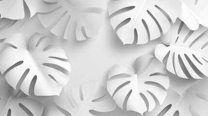 White Monstera leaves border, minimalist design, background,  paper art, website banner