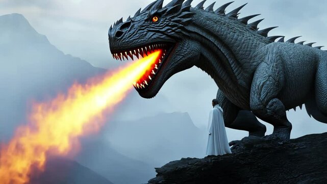 An ancient dragon is perched beside a monk on a cliff. The dragon is breathing fire.