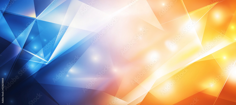 Poster bright gradient background featuring blue and orange hues with geometric shapes and light effects, c