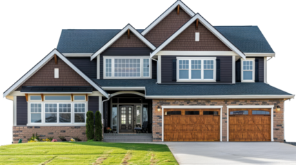 Beautiful suburban house with three-car garage and transparent background