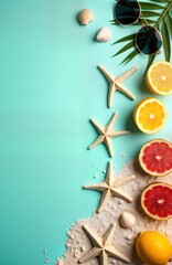 Creative summer holiday background design. Tropical beach scene with sand, starfish. Colorful tropical fruits displayed. Minimalist style. Ideal for promotional material like posters, banners,