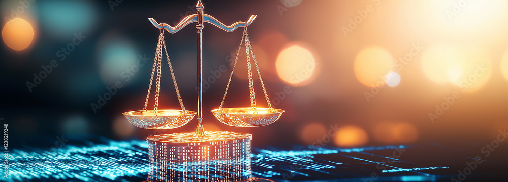Poster digital scales of justice illuminated against backdrop of glowing data, symbolizing intersection of 