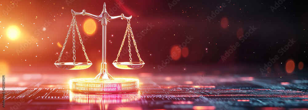 Poster digital scales of justice symbolize fairness and balance in technological world, illuminated by glow
