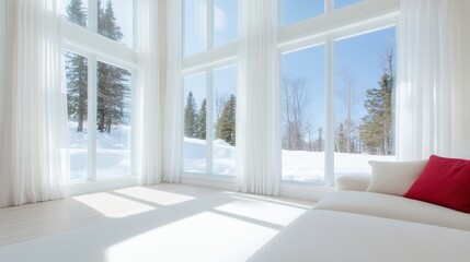 Fototapeta premium Elegant snow-white sheer curtains gracefully frame a serene winter landscape, enhancing natural light in a cozy interior space surrounded by tranquil snow-covered trees