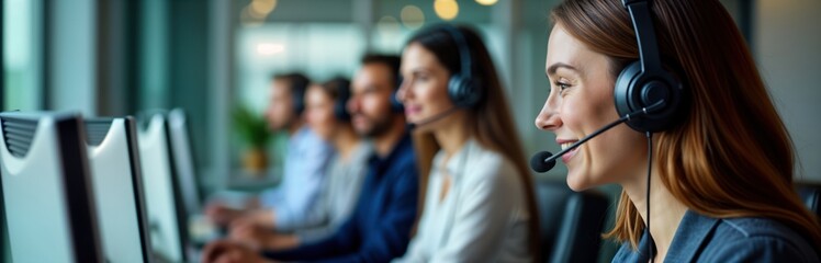 Business tech team works at office. Professionals use headsets, computers. People talk on phones, give customer service. Team works in indoor office space. Happy, helpful. Teamwork, communication