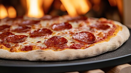A freshly baked pepperoni pizza on a baking tray, with a warm fireplace in the background.