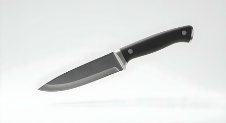 3D floating knife with a stainless steel blade and a black handle, isolated on a bright white background, casting a subtle shadow beneath it create with ai