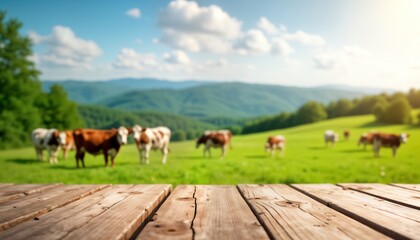 Empty wooden table top sits outdoors against blurred background of cows grazing in rich green pasture. Sunny day in countryside. Natural light shines on wood surface. Rural landscape. Fresh organic