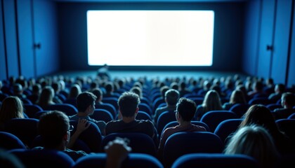 Obraz premium Large audience fills movie theater seats. People watch film on big screen. Dimly lit theater creates cinematic atmosphere. Indoor event. Many spectators enjoy showing. Community gathering. Enjoyment,