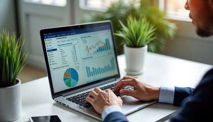 Businessman uses laptop with accounting software. Analyses financial data displayed on screen. Graphs show financial growth. Person looks focused on complex financial analysis. Work environment