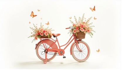 Obraz premium Purple and pink vintage bicycle with baskets of flowers on white background.