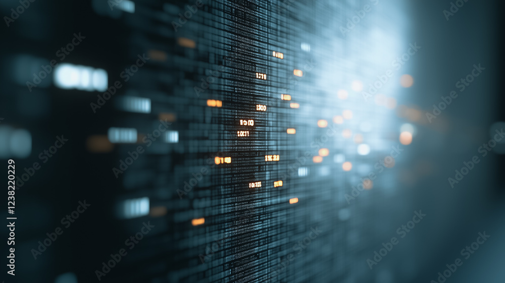 Poster digital matrix flow: abstract image depicting a dynamic flow of data, highlighted by glowing orange 