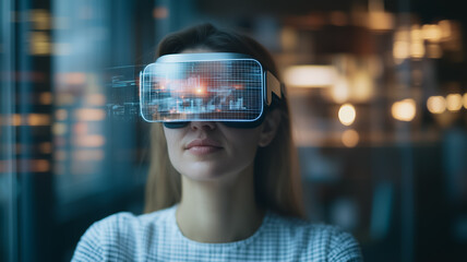 Immersed in Virtual Reality: A woman wearing a VR headset, her expression a mix of wonder and concentration as she navigates a vibrant digital world.
