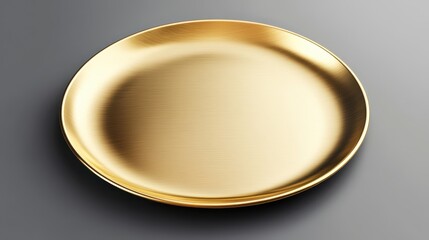 A glossy golden plate featuring a stunningly photorealistic texture and a captivating shine rests elegantly on a neutral-toned surface