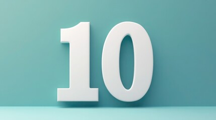 Minimalist 3D letter "10" in matte white finish on a soft blue background