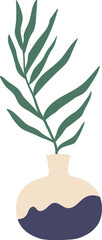 Minimalist illustration of a single green leaf placed in a modern vase with abstract decoration, perfect for home decor and interior design projects