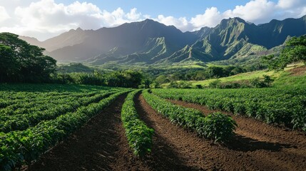 coffee plantation in full bloom, with rows of healthy coffee plants thriving in the fertile soil, surrounded by mountains and a clear sky.
