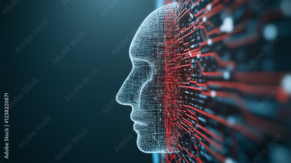 Poster digital mind merge: a mesmerizing digital art piece depicting a human face seamlessly merging with a
