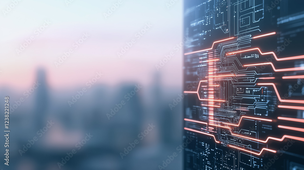 Poster cyberpunk cityscape: glowing orange circuits on a futuristic microchip stand in stark contrast to a 