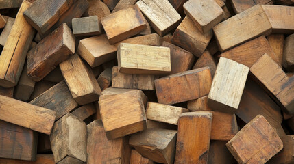 A pile of wooden blocks, varying in size and texture, often used in construction or crafts.