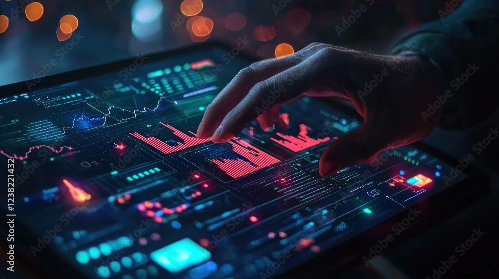 Poster close up of a hand interacting with a digital touchscreen tablet displaying vibrant financial data a