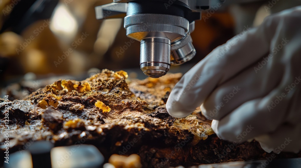 Poster scientist examining decomposing organic material under a microscope, analyzing the microbes involved
