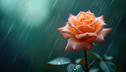 Peachy rose drenched in rain drops under moody dramatic lighting. Nature scene captures beautiful flower detail. Rain streaks across dark background. Rose bloom shows wet petals. Photo conveys