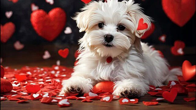 Cute fluffy puppy surrounded by heart-shaped decorations during a heartwarming celebration in a cozy space
