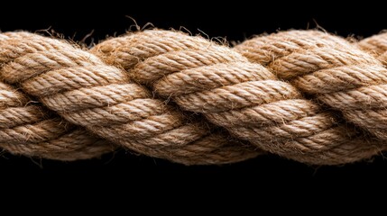 A close-up view of a twisted natural fiber rope against a black background.
