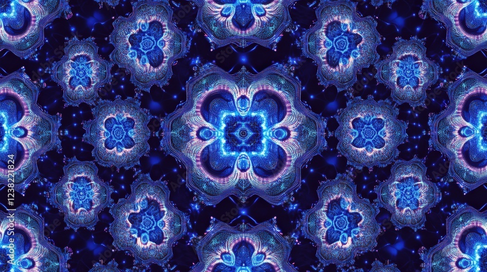 Poster seamless digital pattern with overlapping hexagons and glowing blue highlights