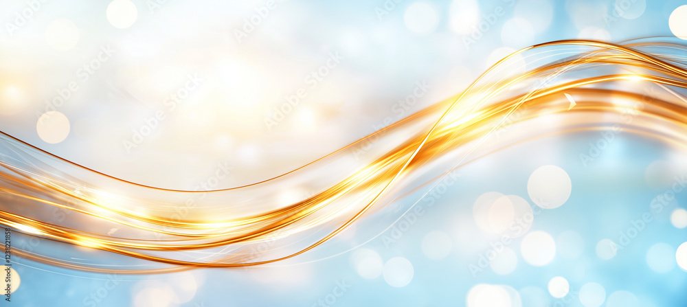 Poster abstract blue background with soft golden waves and blurred lights creates serene atmosphere. ideal 