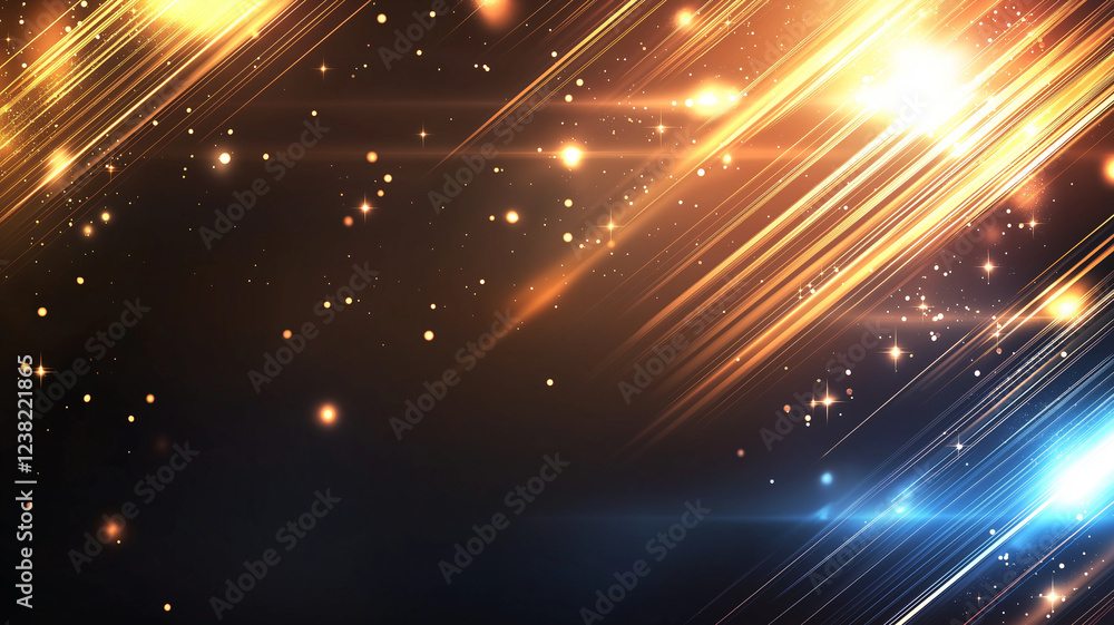 Poster bright golden and blue streaks of light create dynamic abstract background filled with sparkling sta